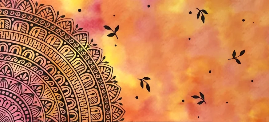 mandala art on orange watercolor background