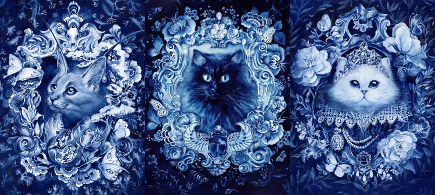 magical cat delft blue ink method illustration anna sokolova