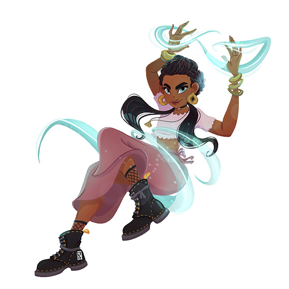 Drawing of a girl with blue magical swirls around her.