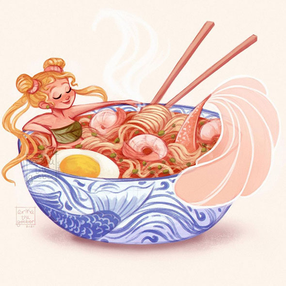 Drawing of a Mermaid in a bowl of ramen