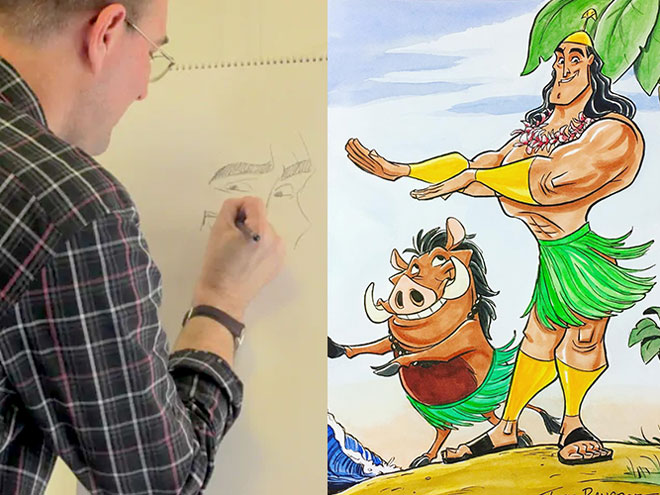 Tony draws Pumbaa and Kronk hula dancing