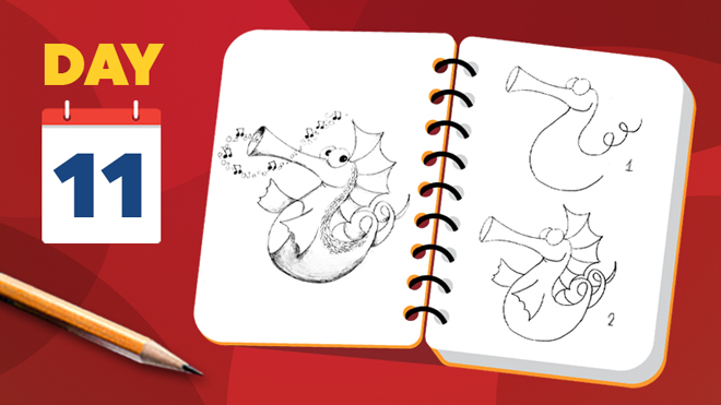 Aprenda a desenhar um cavalo-marinho trompeteando uma melodia - Lição para iniciantes Aprenda a desenhar um cavalo-marinho trompeteando uma melodia - Lição para iniciantes