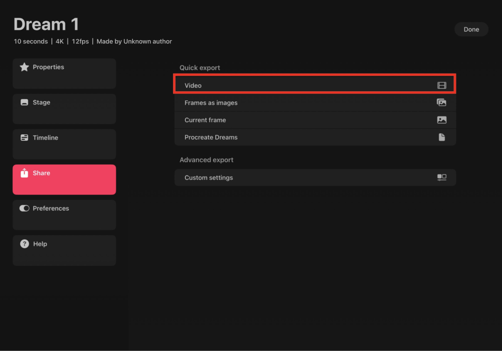 Screenshot Showing How To Export Files In Procreate Dreams