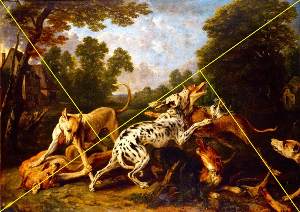 An illustration demonstrating the concept of the Golden Triangle in art composition, featuring a scene divided diagonally with key elements aligned along these lines and at their intersections, embodying the principles of balance and dynamic visual interest.