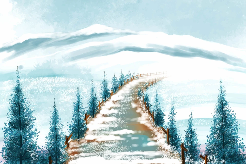 An image depicting the concept of symmetry in art, with winter scene where a central path lined with trees leads towards distant mountains, creating a symmetrical composition that guides the viewer's eye through the balanced landscape.