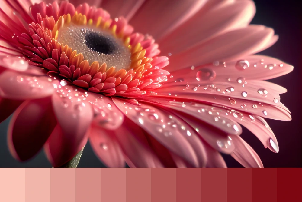 An image displaying the concept of color value in art, featuring a close-up of a gerbera daisy with water droplets on its petals, with a gradient of pinks to reds that demonstrates the range from light to dark, emphasizing how color value can add dimension and depth to the subject.