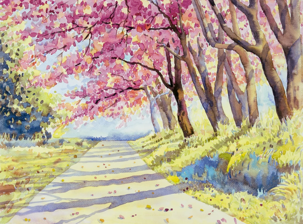 An image capturing the essence of variety in composition through a watercolor painting of a cherry blossom-lined path, with dappled sunlight casting dynamic shadows and light, surrounded by a tapestry of vivid colors and a mixture of detailed and impressionistic textures.