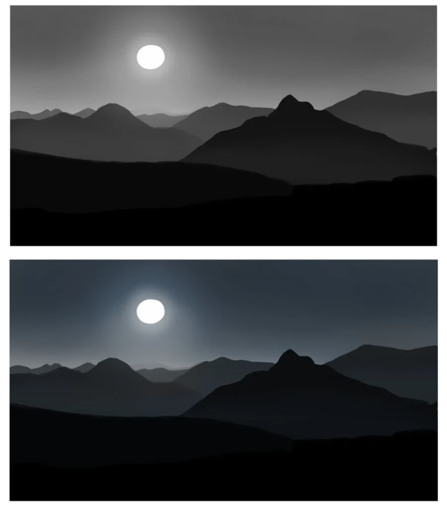 Gradual Tonal Shifts Moonlight Mountain Illustration