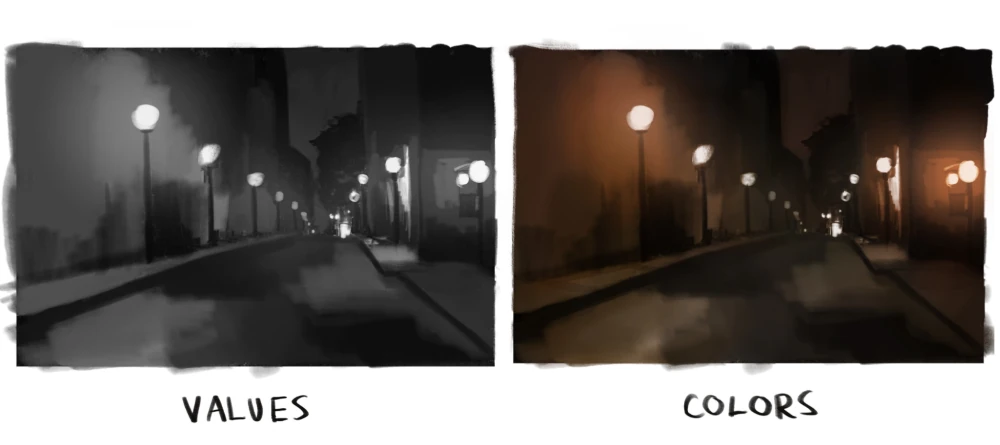 Illustrazione notturna Illuminazione Valore Contrasto Colore Esempio