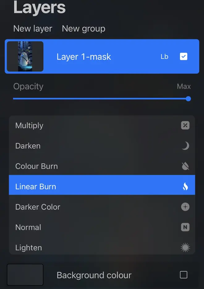 Screenshot of procreate interface with linear burn selected.