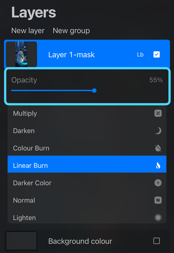Screenshot of procreate interface with opacity slider at 55%.