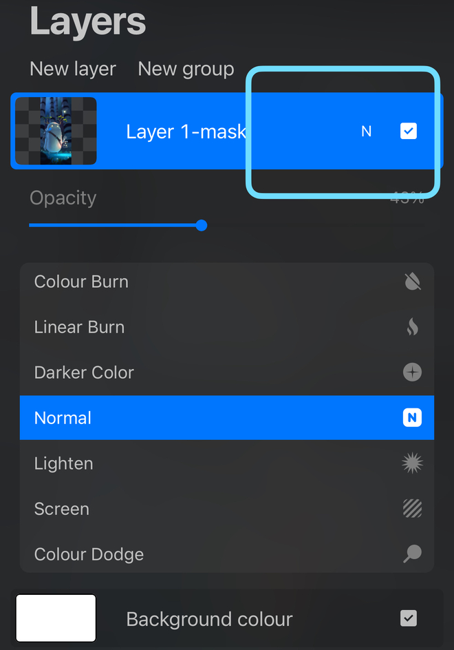 Screenshot of procreate interface with N icon marked using a box.