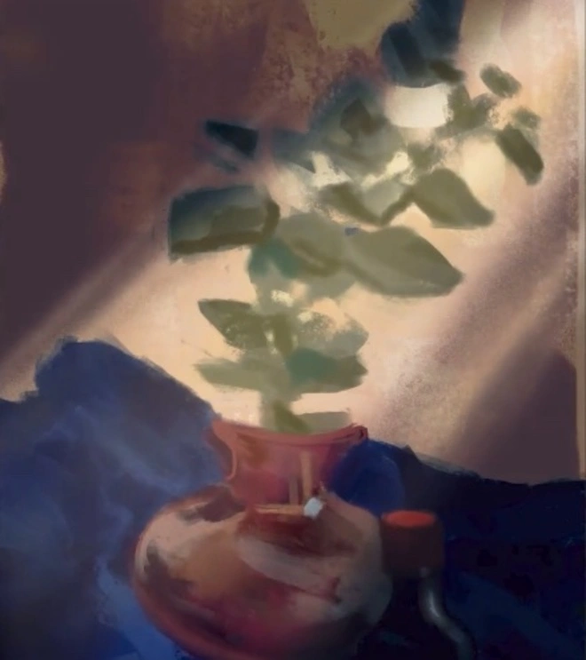 Before and after of a plant drawing without blending modes and with blending modes.