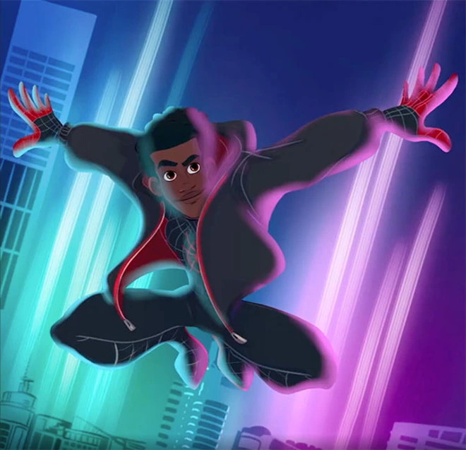 Drawing of a boy in Spiderman costume and pose.