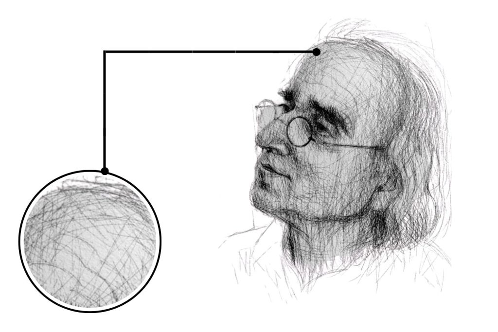 Disegno di un uomo ombreggiato con la tecnica dello scarabocchio