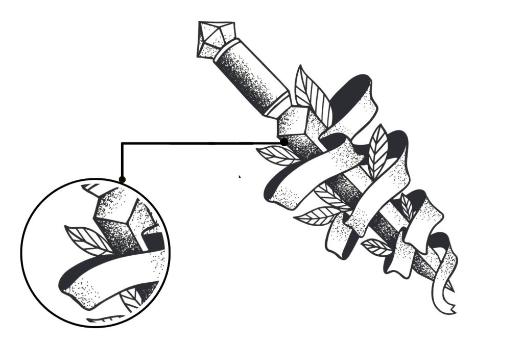 Disegno di una spada ombreggiata con la tecnica del puntinismo