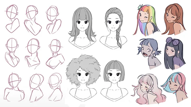 Manga-Kunstkurs Posen Frisuren Skizzen Manga-Kunstkurs Posen Frisuren Skizzen